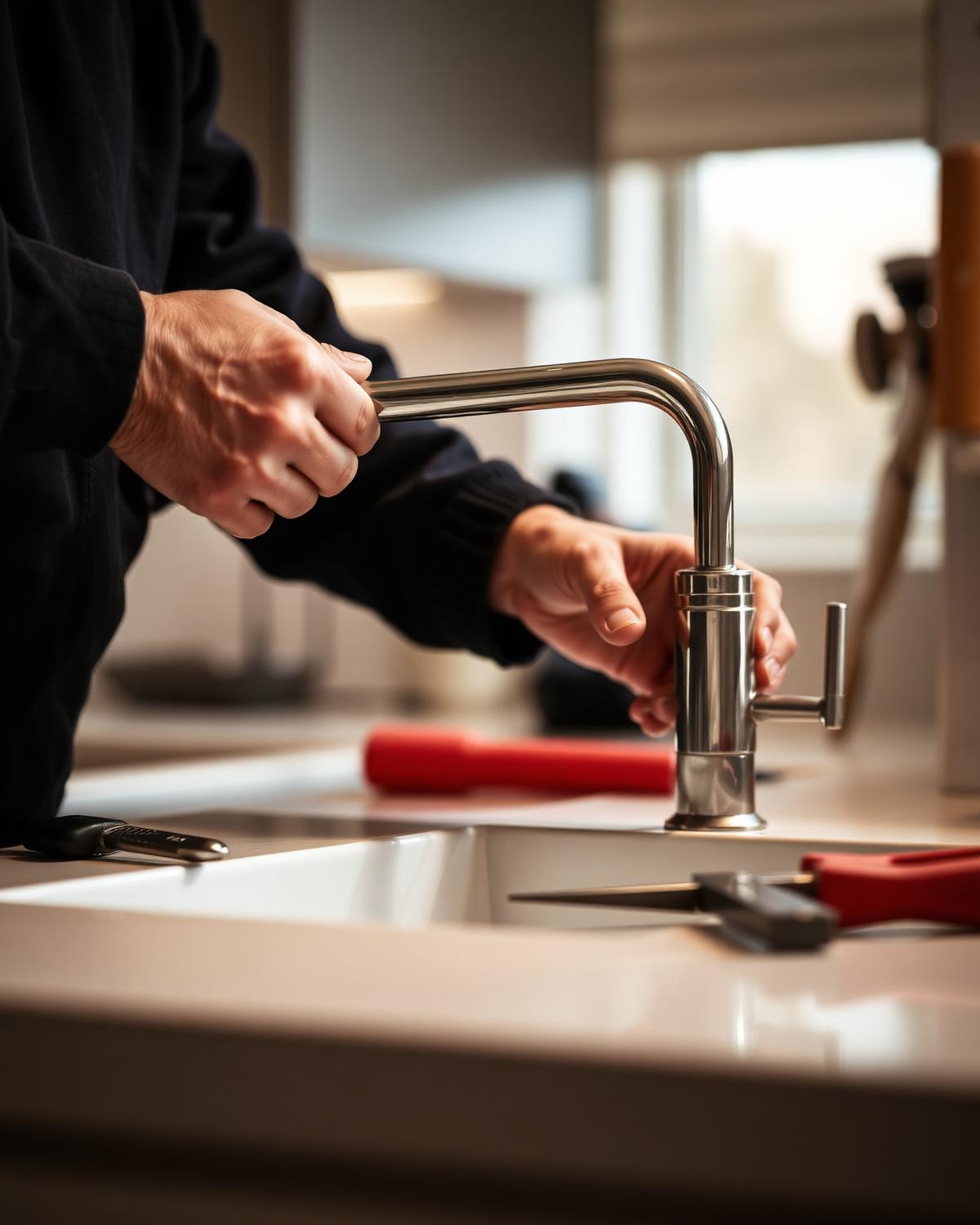 Tradesperson fitting a modern kitchen tap